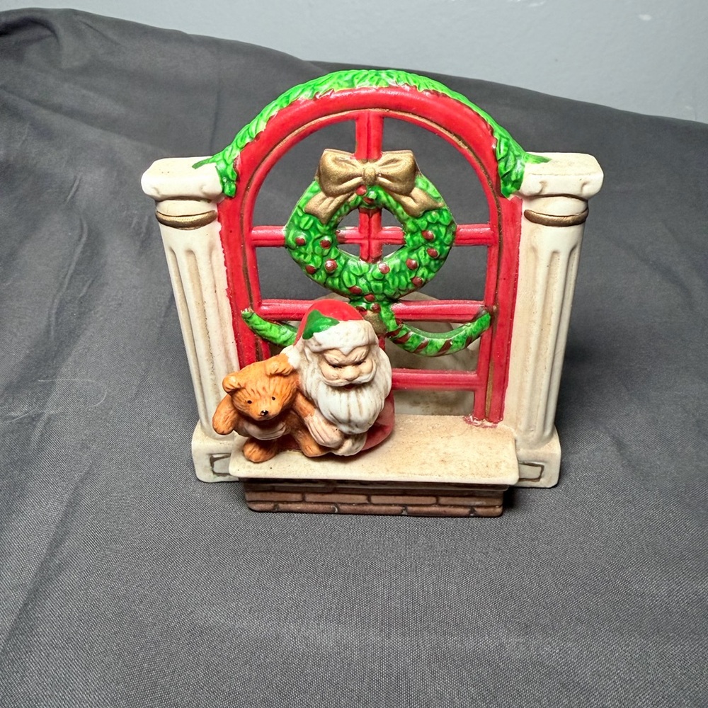 Vintage Christmas Santa & Teddy Bear Ceramic Tealight Candle Holder Window Scene